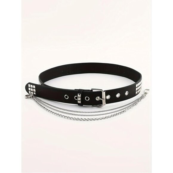Women Punk Belt with Chain Rave Leather Belt Goth Accessories Belt With 3 Chain - Picture 7 of 8